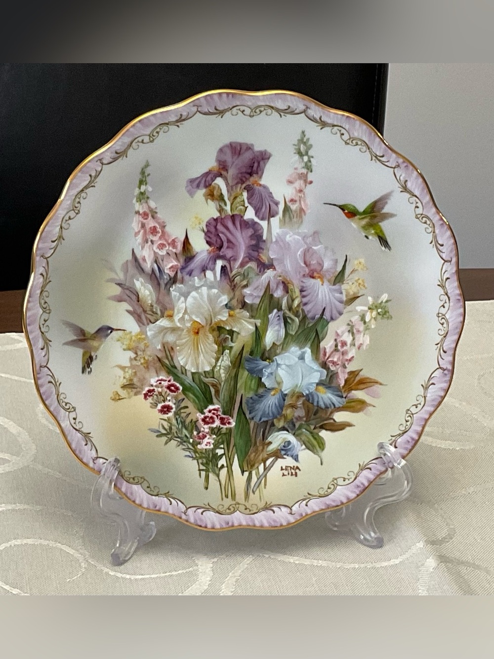 Porcelain Floral Charger Plate with Lilac Rim and Gold Trim